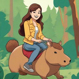 A whimsical illustration of Demi Lovato from Camp Rock riding a capybara