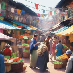 A bustling marketplace with traders exchanging goods, vibrant stalls filled with various items, and people negotiating prices