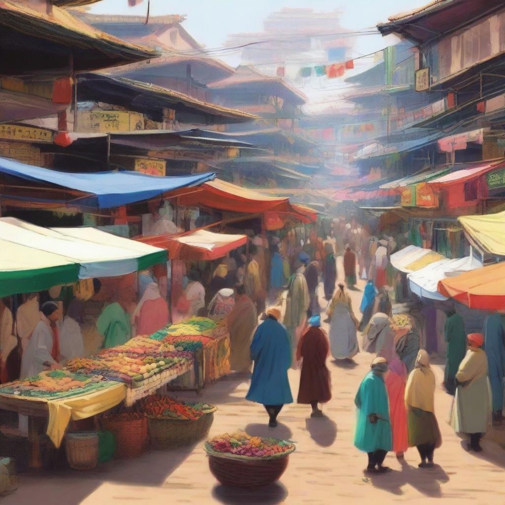 A bustling marketplace with traders exchanging goods, vibrant stalls filled with various items, and people negotiating prices