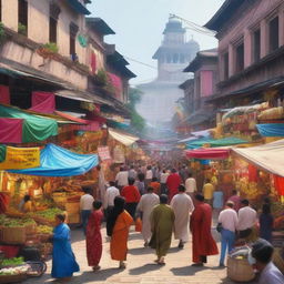 A bustling marketplace with traders exchanging goods, vibrant stalls filled with various items, and people negotiating prices