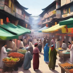 A bustling marketplace with traders exchanging goods, vibrant stalls filled with various items, and people negotiating prices