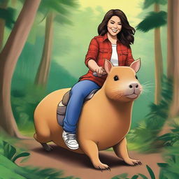 A realistic illustration of Demi Lovato from Camp Rock riding a capybara