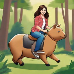 A realistic illustration of Demi Lovato from Camp Rock riding a capybara