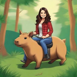 A realistic illustration of Demi Lovato from Camp Rock riding a capybara