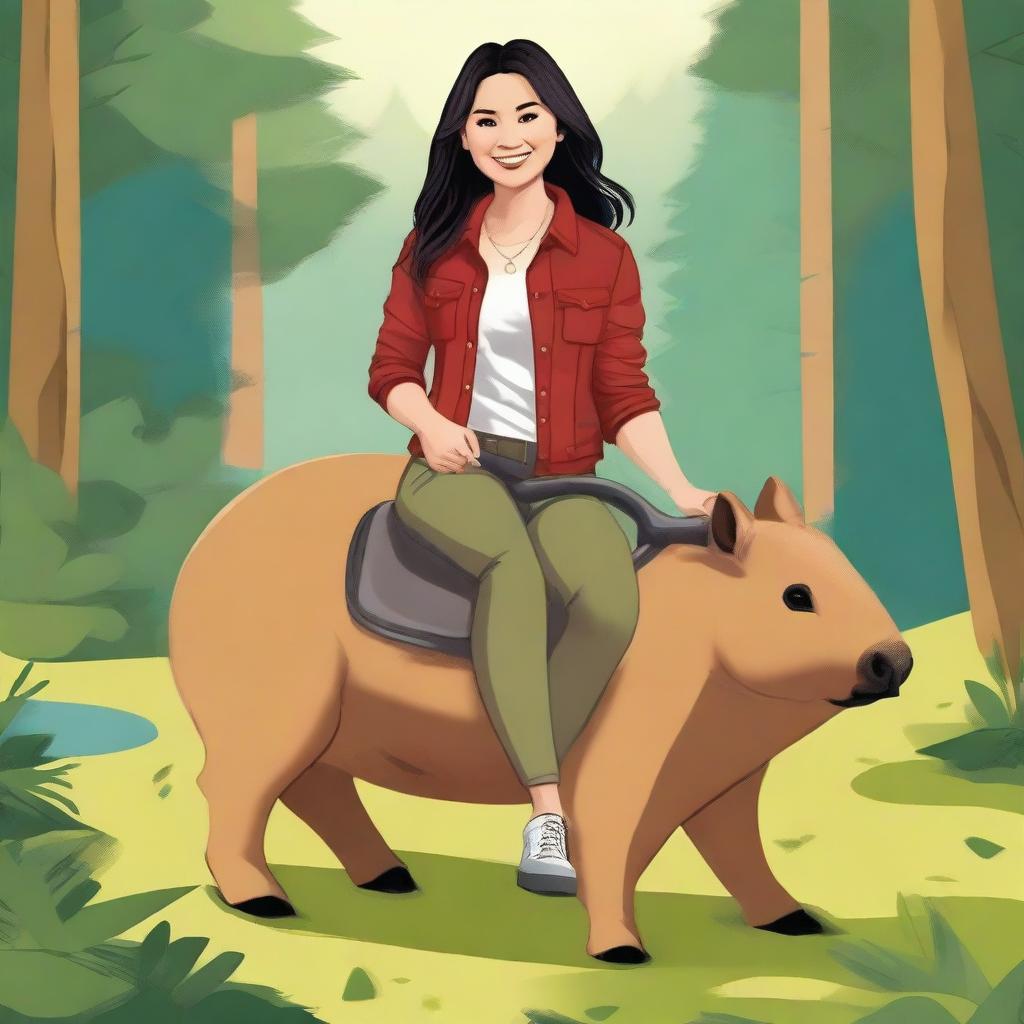 A realistic illustration of Demi Lovato from Camp Rock riding a capybara