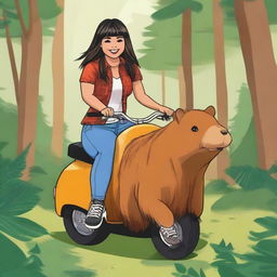 A realistic illustration of Demi Lovato from Camp Rock with a full fringe, riding a capybara