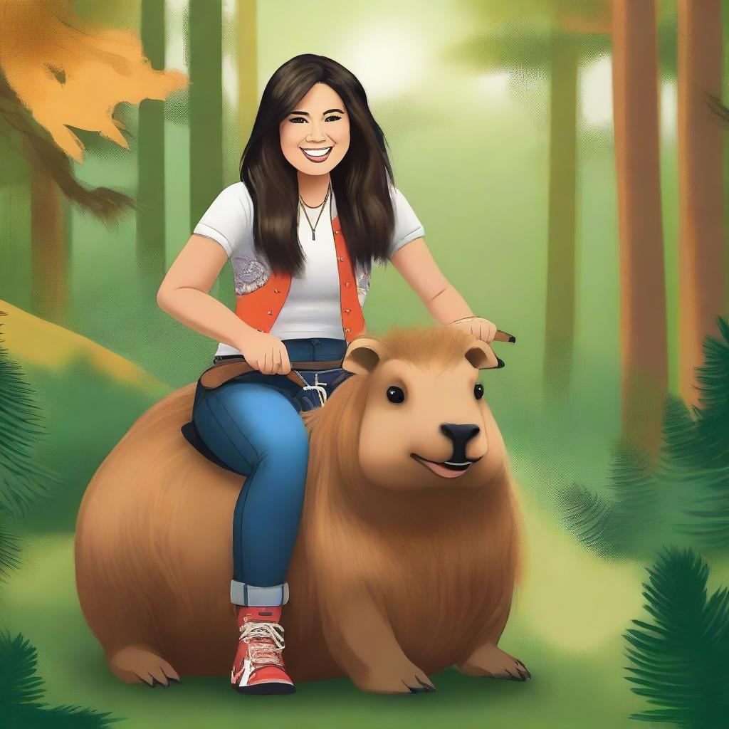 A realistic illustration of Demi Lovato from Camp Rock with a full fringe, riding a capybara