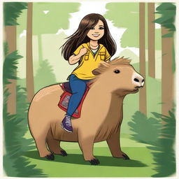 A realistic illustration of Demi Lovato from Camp Rock with a full fringe, riding a capybara