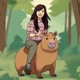 A realistic illustration of Demi Lovato from Camp Rock with a full fringe, riding a capybara