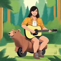 A realistic illustration of Demi Lovato from Camp Rock with a full fringe, riding a capybara