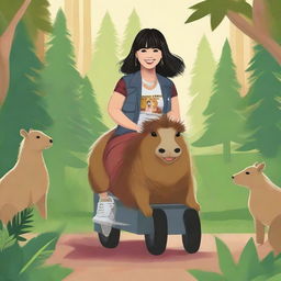 A realistic illustration of Demi Lovato from Camp Rock with a full fringe, riding a capybara