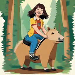 A realistic illustration of Demi Lovato from Camp Rock with a full fringe, riding a capybara