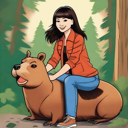 A realistic illustration of Demi Lovato from Camp Rock with a full fringe, riding a capybara