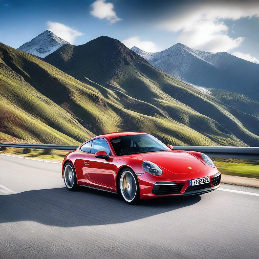 A Porsche Carrera 4S driving through a scenic mountain landscape