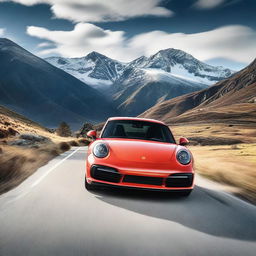 A Porsche Carrera 4S driving through a scenic mountain landscape