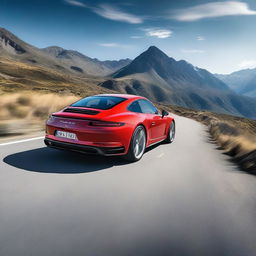 A Porsche Carrera 4S driving through a scenic mountain landscape