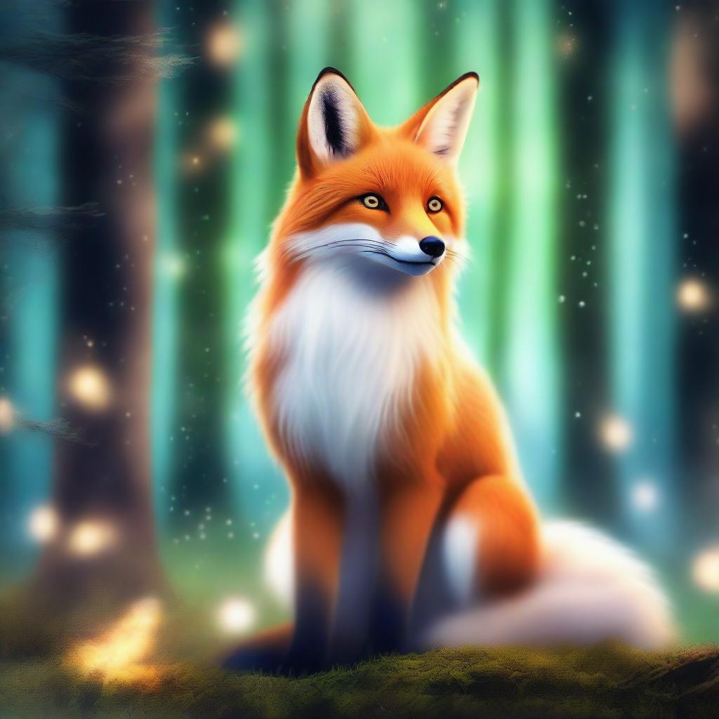 A majestic fox-like creature with a mystical aura, standing in a serene forest glade