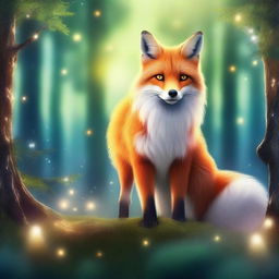 A majestic fox-like creature with a mystical aura, standing in a serene forest glade