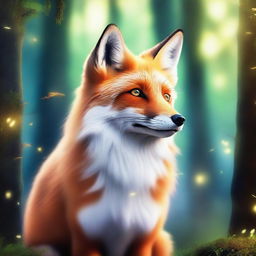 A majestic fox-like creature with a mystical aura, standing in a serene forest glade