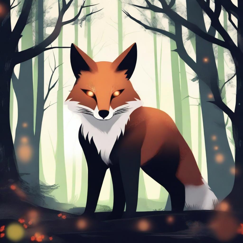 A mystical and cursed fox in a dark forest, surrounded by eerie, glowing lights and ancient trees