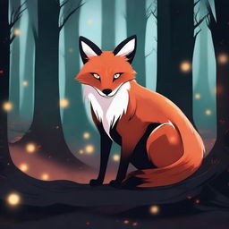 A mystical and cursed fox in a dark forest, surrounded by eerie, glowing lights and ancient trees