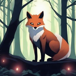 A mystical and cursed fox in a dark forest, surrounded by eerie, glowing lights and ancient trees