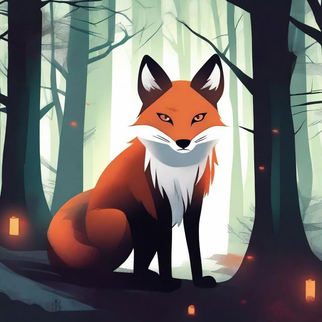 A mystical and cursed fox in a dark forest, surrounded by eerie, glowing lights and ancient trees