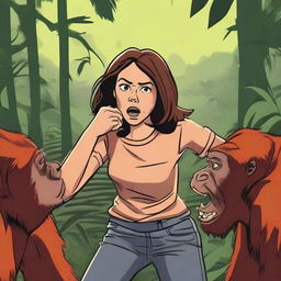 A detailed illustration of Aubrey Plaza in a moody expression having a fight with an orangutan