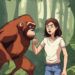 A detailed illustration of Aubrey Plaza in a moody expression having a fight with an orangutan