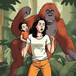 A detailed illustration of Aubrey Plaza in a moody expression having a fight with an orangutan