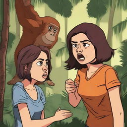 A detailed illustration of Aubrey Plaza in a moody expression having a fight with an orangutan