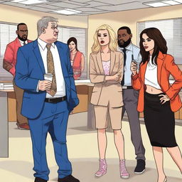 A lively scene featuring Demi Lovato, Aubrey Plaza, Patton Oswalt, Machine Gun Kelly, and LeBron James arguing about who goes on lunch when