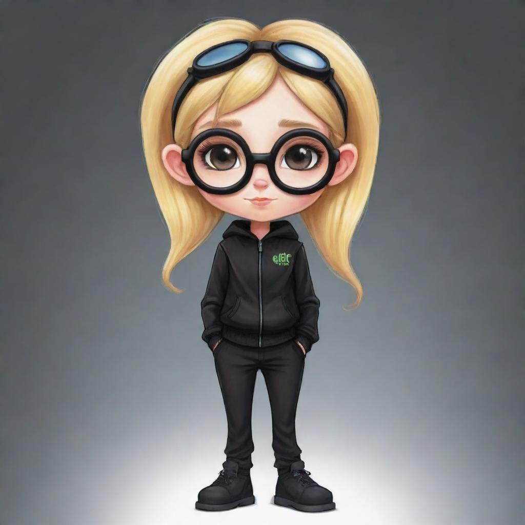 Cute cartoon drawing of a girl with elf ears, blonde hair, wearing a black jacket and black pants with goggles in her hair. Strangely, her head is depicted as being absent.