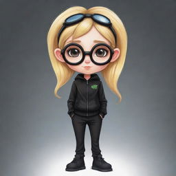 Cute cartoon drawing of a girl with elf ears, blonde hair, wearing a black jacket and black pants with goggles in her hair. Strangely, her head is depicted as being absent.