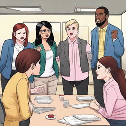 A lively scene featuring Demi Lovato, Aubrey Plaza, Patton Oswalt, Machine Gun Kelly, and LeBron James arguing about who goes on lunch when