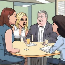 A lively scene featuring Demi Lovato, Aubrey Plaza, Patton Oswalt, Machine Gun Kelly, and LeBron James arguing about who goes on lunch when