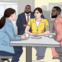 A lively scene featuring Demi Lovato, Aubrey Plaza, Patton Oswalt, Machine Gun Kelly, and LeBron James arguing about who goes on lunch when