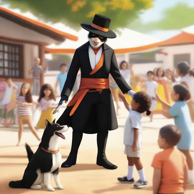 A realistic image of Zorro Kaizen playing with children