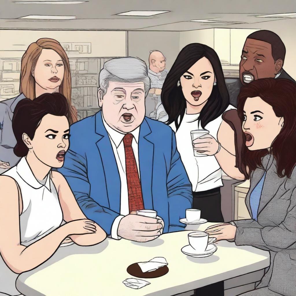 A lively scene featuring Demi Lovato, Aubrey Plaza, Patton Oswalt, Machine Gun Kelly, and LeBron James arguing about who goes on lunch when