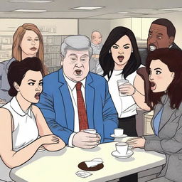 A lively scene featuring Demi Lovato, Aubrey Plaza, Patton Oswalt, Machine Gun Kelly, and LeBron James arguing about who goes on lunch when