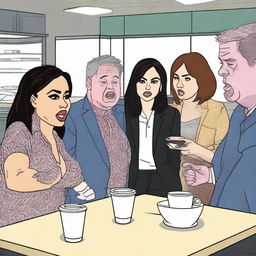 A lively scene featuring Demi Lovato, Aubrey Plaza, Patton Oswalt, Machine Gun Kelly, and LeBron James arguing about who goes on lunch when