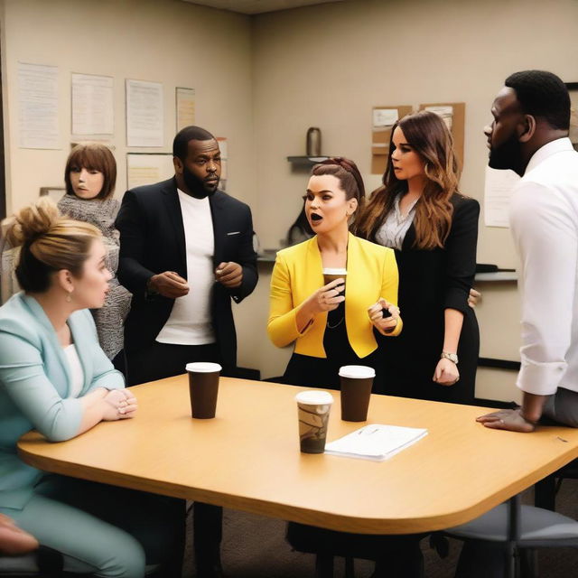 A lively scene featuring Demi Lovato, Aubrey Plaza, Patton Oswalt, Machine Gun Kelly, and LeBron James arguing about who goes on lunch when