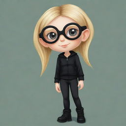 Cute cartoon drawing of a girl with elf ears, blonde hair, wearing a black jacket and black pants with goggles in her hair. Strangely, her head is depicted as being absent.