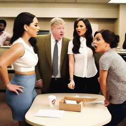 A lively scene featuring Demi Lovato, Aubrey Plaza, Patton Oswalt, Machine Gun Kelly, and LeBron James arguing about who goes on lunch when