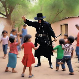 Un zorro del bosque jugando alegremente con niños en un pueblo pintoresco