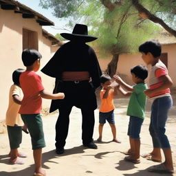 Un zorro del bosque jugando alegremente con niños en un pueblo pintoresco