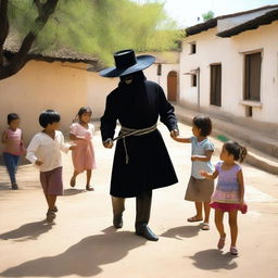 Un zorro del bosque jugando alegremente con niños en un pueblo pintoresco