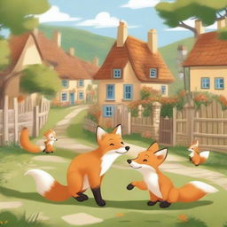 A friendly fox playing with children in a quaint village