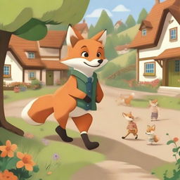 A friendly fox playing with children in a quaint village