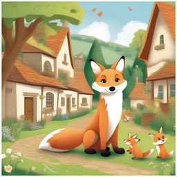 A friendly fox playing with children in a quaint village